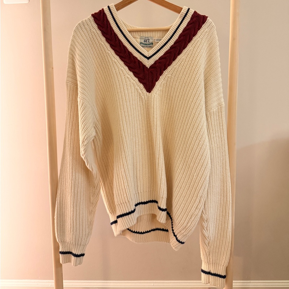 V-Neck Cream Sweater with Red Accents